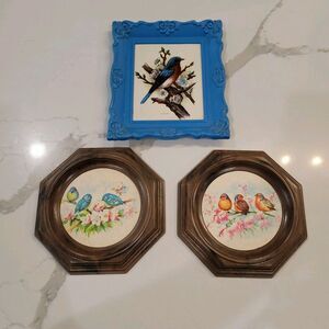 VTG Song Birds On Branch Print Gallery Wall Art Octagon Plastic Frames 3 pcs